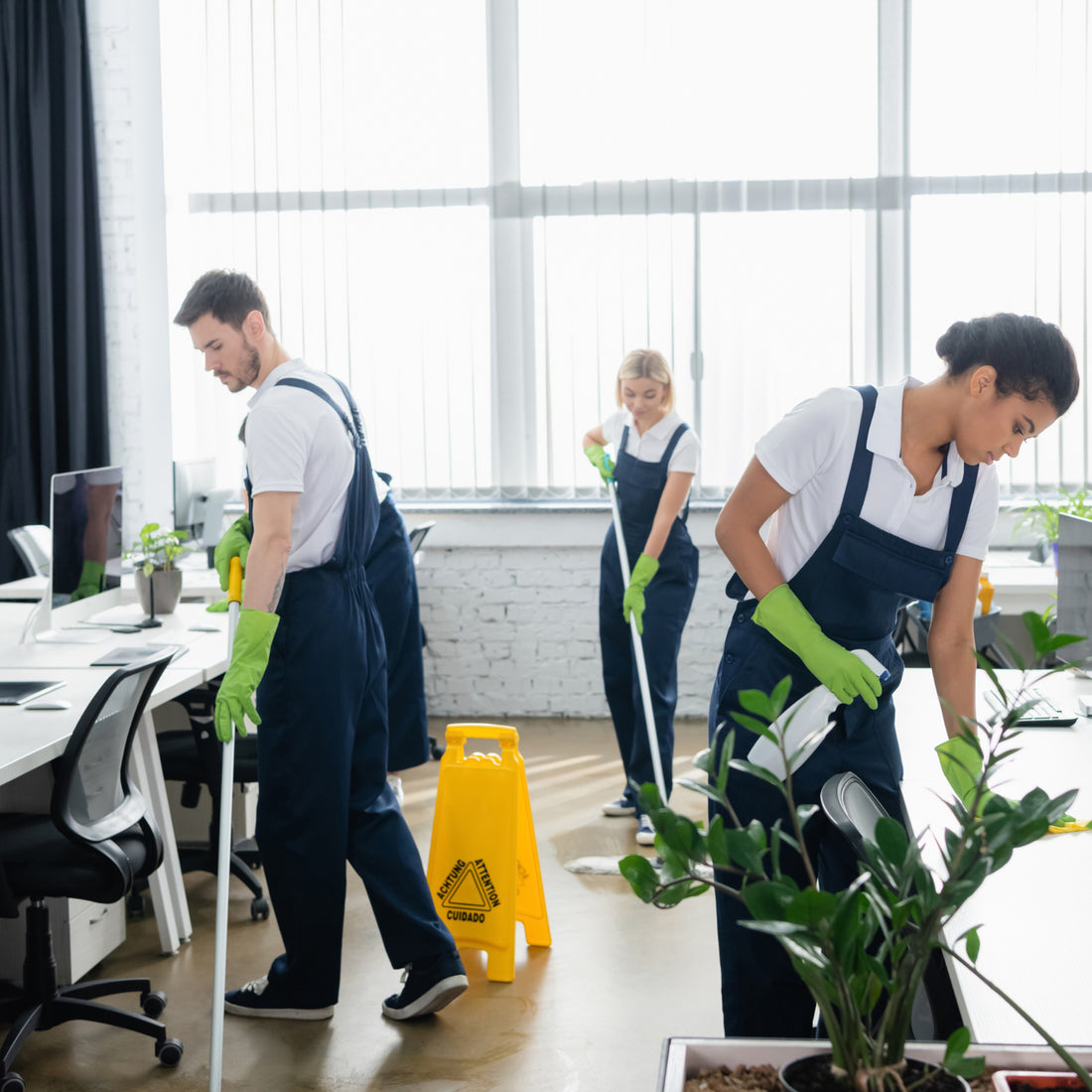 Three cleaners using green cleaning supplies to clean an office space, promoting eco-friendly practices and highlighting the benefits of using sustainable cleaning products in the workplace.